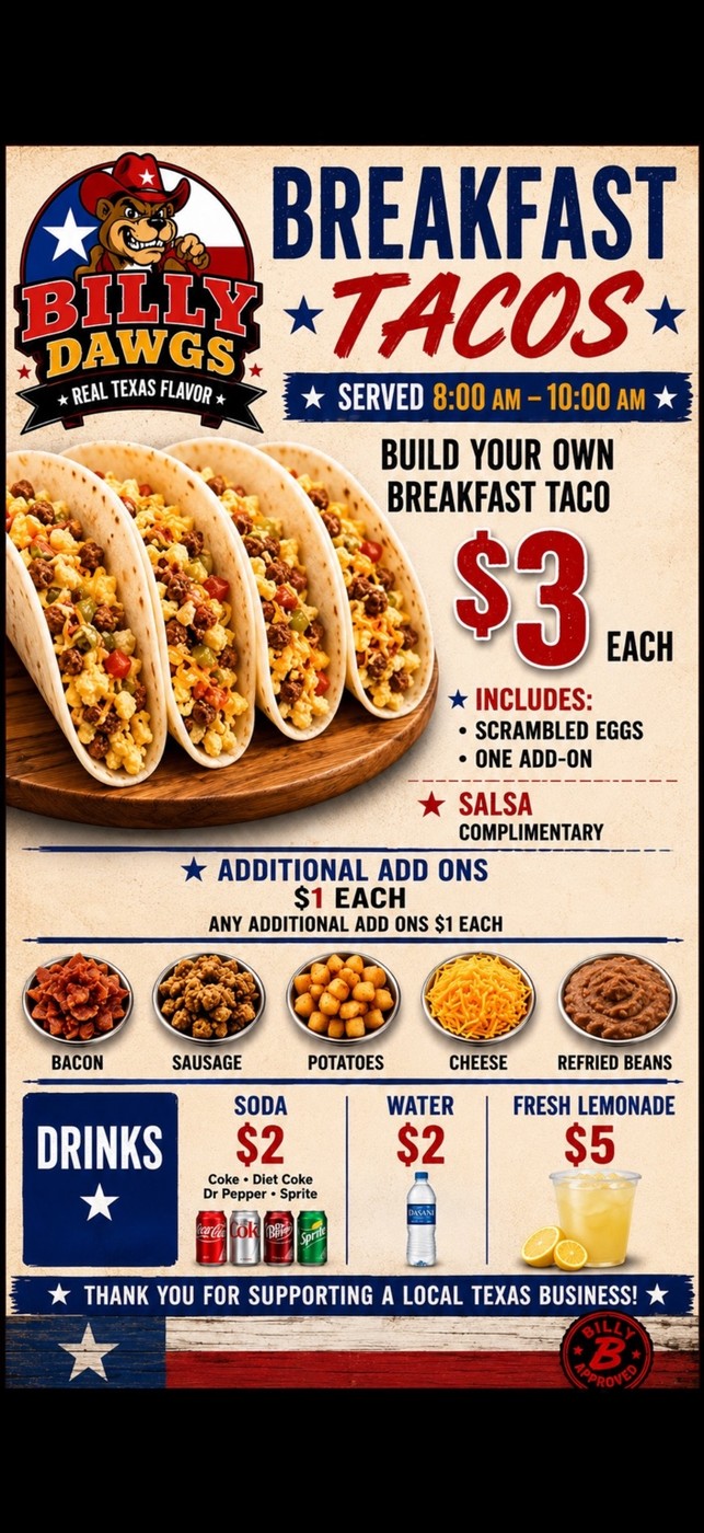 Billy Dawgs breakfast menu