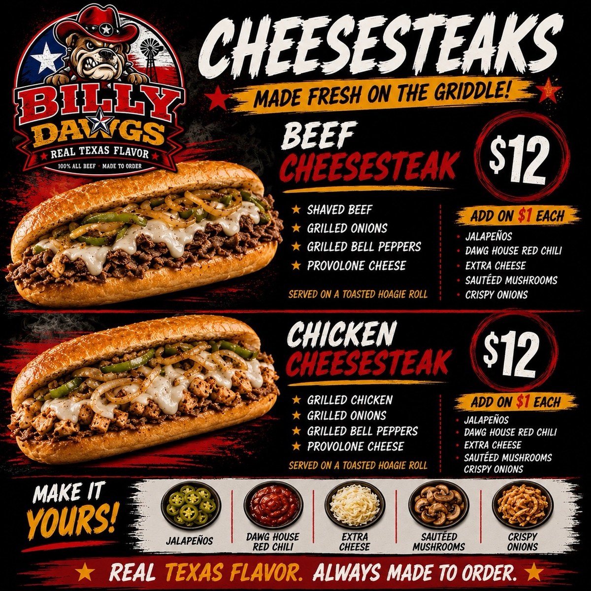 Billy Dawgs beef and chicken cheesesteaks