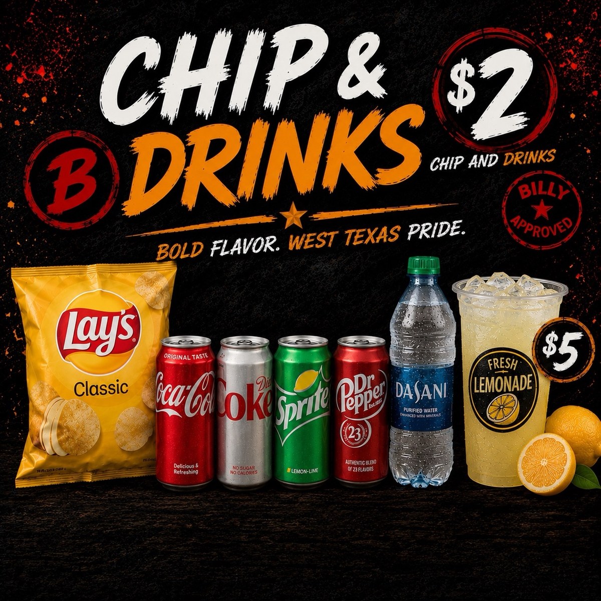 Billy Dawgs chips and drinks